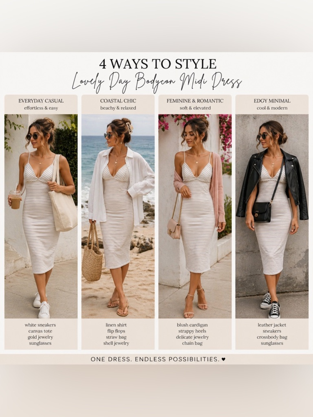 Minimalist Tailored Midi Dress — Neutral Stripe, Sculpted Fit | Quiet Luxury - Picture 3 of 8